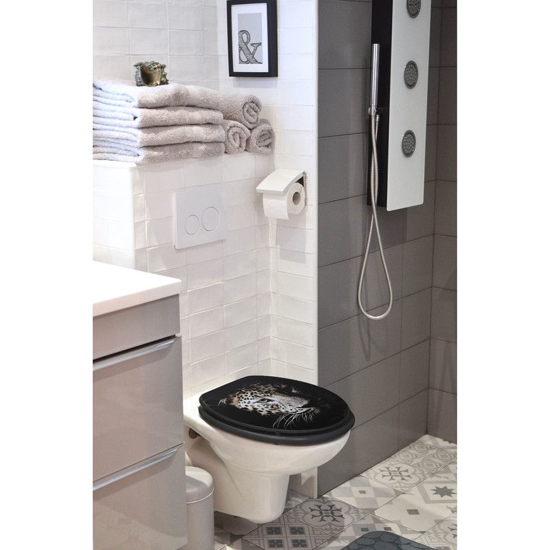 18-Inch Black Elongated Toilet Seat With Leopard Print