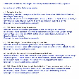 Performance One 1998-2002 Firebird Headlight Assembly Rebuild 32 Parts Set. Correct GM Bolts