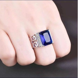 Sterling Fashion Men's luxury Square Ring Inlaid 925 Silver Plated Gemstone adjustable