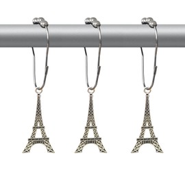 Eiffel Tower Shower Curtain Hooks Decorative Rings for Bathroom France Paris Vintage Bath Decor Stainless Steel Rustproof Shower Hanger Pack of 12 (Silver)