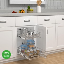 JOWBOOW Two-Tier Pull Out Cabinet Organizer (11" W x 21" D), Slide Out Drawers for Kitchen Cabinets, Roll Out Shelves Heavy-Duty Metal Sliding Shelf