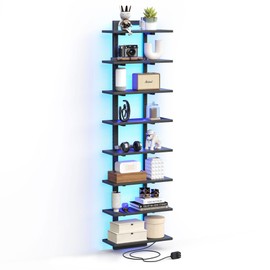 TRIFEBLE 8 Tier Wall Shelf Unit with LED Light, Black Floating Shelf, Vertical Display Shelf, Wall Decor for Bedroom, Living Room, Vanity, 15" W x 5.9" D x 58.3" H