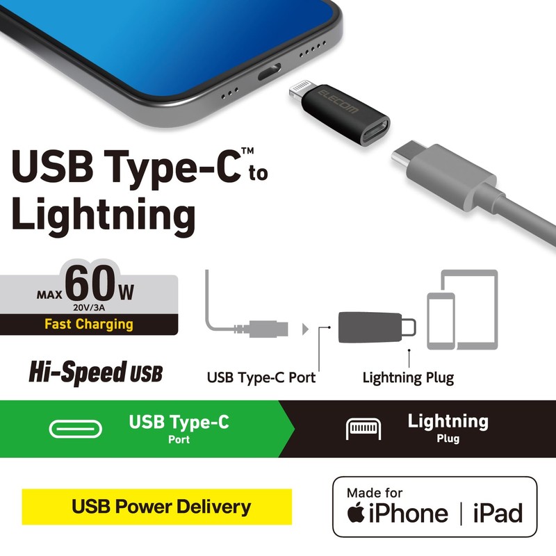 Elecom MPA-CFLMBK USB Type-C to Lightning Adapter, 60W, USB PD