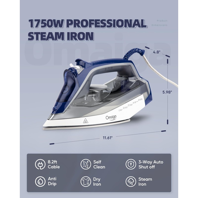 Steam Iron for Clothes, 1750W Clothes Iron with Durable Ceramic