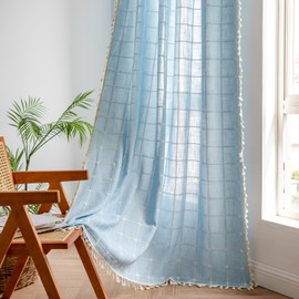 Deeprove Blue Boho Curtain 84 Inches Long for Kid Boy's Bedroom Nursery Room, Cotton Linen Lattice Plaids Embroidery Semi Blackout Bohemian Window Treatment Grids Drape Tassels, 1 Panel W52 x L84