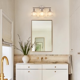 Shenmoyl Bathroom Light Fixtures, 3-Light Vanity Wall Light Over Mirror with Clear Tulip Glass Shade for Bedroom Living Room, Satin Nickel