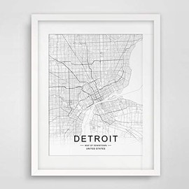 Detroit City Downtown Map Wall Art Detroit Street Map Print Detroit Map Decor City Road Art Black and White City Map Office Wall Hanging 8x10 inch No Frame