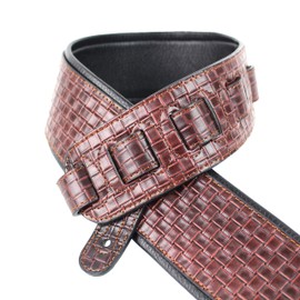 Walker and Williams GP-10 Bourbon Brown Wide Basket Weave Guitar Strap with Padded Back & Tapered Nose for Acoustic, Electric, and Bass Guitars