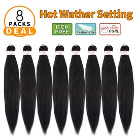 Pre-Stretched Braiding Hair Extensions Black - 24 inch 8 Packs Synthetic Crochet Braids, Natural Easy Braid Crochet Hair, Hot Water Setting Professional Soft Yaki Texture (24 inch, 1)