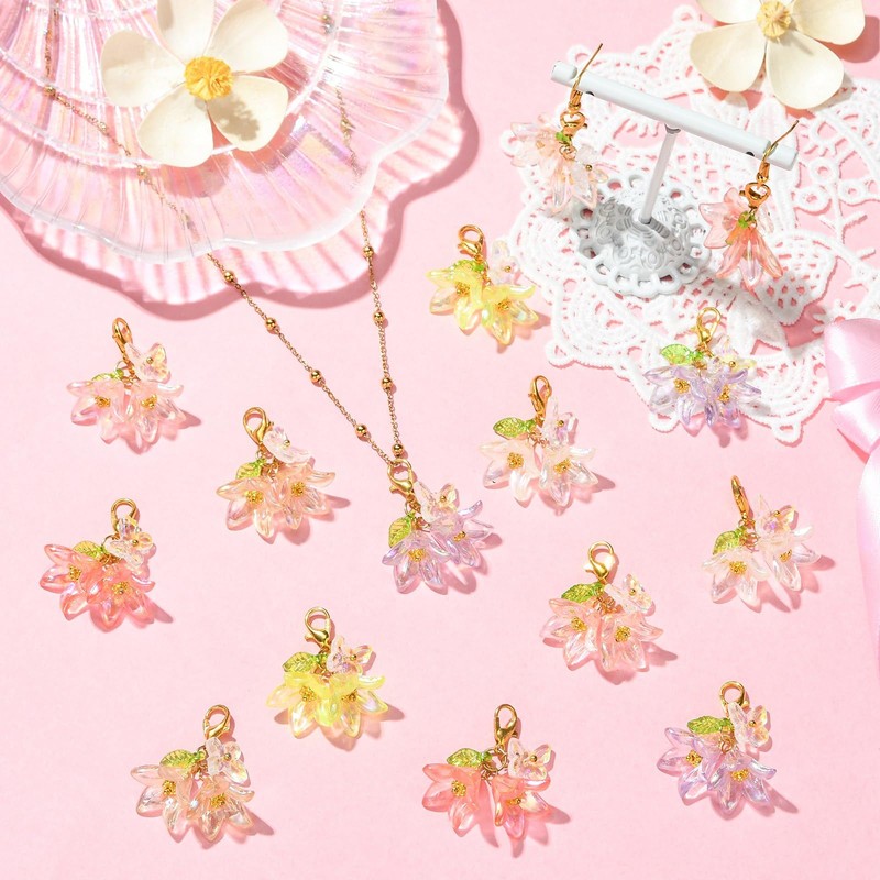 DanLingJewelry 60Pcs Colorful Acrylic Flower Leaf Pendants Delicate Lily Floral