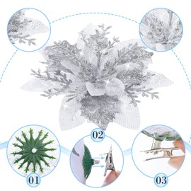 24 Pcs Christmas Glitter Artificial Poinsettia Flowers Xmas Poinsettia Artificial Tree Ornaments Wedding Flowers Decor for Party (Silver)