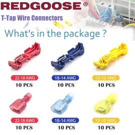 60PCS T Tap Wire Connectors, 22-10 AWG Quick Splice Wire Connectors(22-18AWG Red 10Pairs, 18-14AWG Blue 10Pairs, 12-10AWG Yellow 10Pairs)