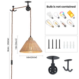 SEEBLEN Boho Plug in Pendant Light Rattan Hanging Lamp with Adjustable Pulley，Rustic Farmhouse Hanging Lights with Plug in Cord Hand Woven Wicker Lamp for Bedroom Living Room Kitchen Island.