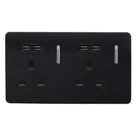 Trendi 2 Gang Artistic Modern Glossy Screwless Raised 13 Amp 240v Short 4 USB Type A Charging Points Double Chrome Switched Electrical Wall Plug Socket Piano Black - ART-SKT213USBBK