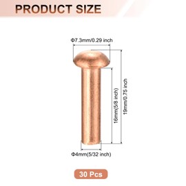 uxcell 30 Pcs Copper Solid Rivets, 5/32" x 5/8" Round Head Rivet Metal Fasteners Metal Stud Fasteners for Electrical Applications Copper Finish, Copper Tone