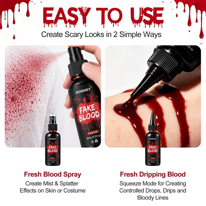 Halloween Fake Blood Spray with Replaceable Tip, Washable Realistic SFX