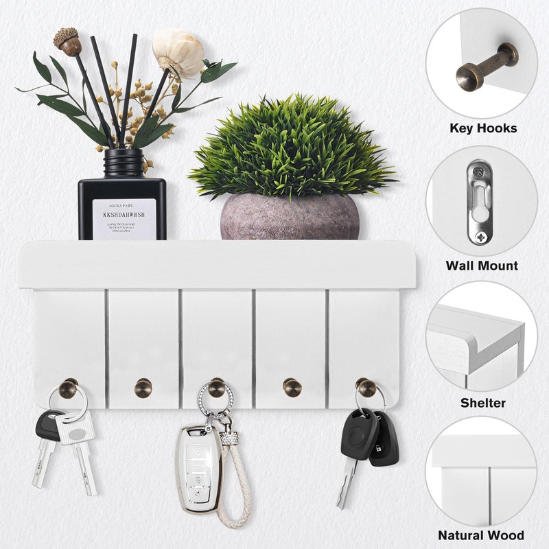 Kldgris Key Rack with Shelf, Wooden Key Holder, White, Decorative