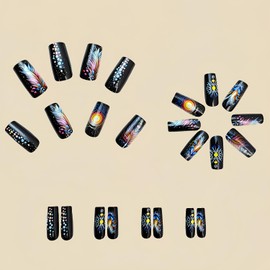 Black Press on Nails Medium Coffin Fake Nails with Colorful Sun Totem Design Long Ballet Shape False Nails Colorful Feather Pattern Glue on Nails Artificial Stick on Nails Kit for Women Girls 24Pcs
