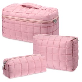 Huhumy 3 Pcs Large Puffy Makeup Bag Set Quilted Cosmetic Pouch for Women Cute Checkered Travel Toiletry Bag Puffer Makeup Organizer Purse Pouch Preppy Pencil Case with Zipper (Pink)
