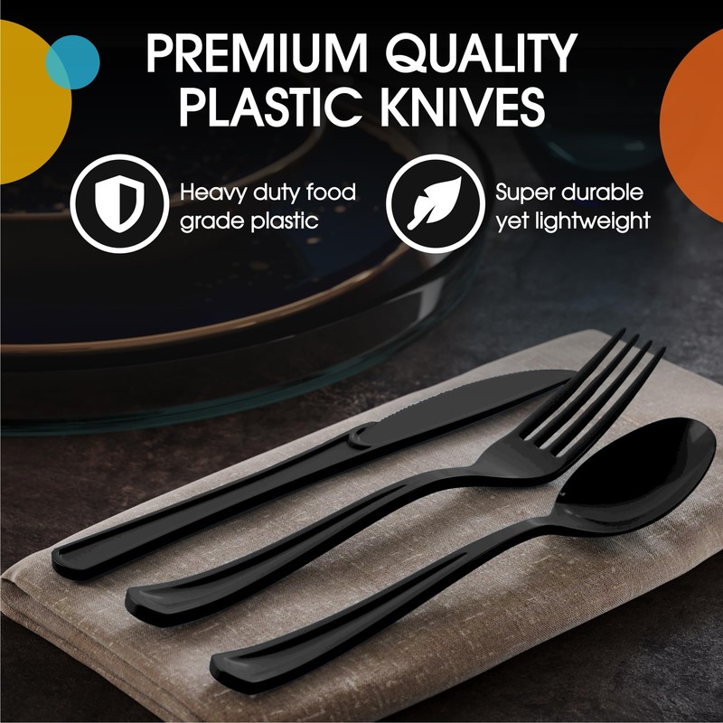 Exquisite Disposable Black Plastic Knives 50 Pcs - Heavy Duty