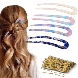 hisial 4Pcs French Hair Pin and 50Pcs Gold Bobby Pins for Women U Shape Hair Sticks Vintage Hair Fork for Buns(Blue/Brown/Yellow/Pink)