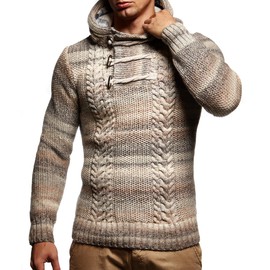 Leif Nelson Men's Pullover Knit Sweater Hooded Hoodie LN-20743 Beige Small