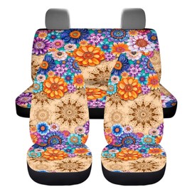 chaqlin Hippie Lotus Car Seat Cover Set for Women, Car Interior Accessories, 4 Pieces, Universal Car Seat Protector for Front and Back Seats, Fits Most Cars, SUVs, Vans