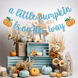 A Little Pumpkin is on His Way Banner, Little Pumpkin Baby Shower Decorations Boy, Thanksgiving Fall Pumpkin Baby Shower Birthday Party Decorations, Blue Glitter