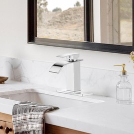 sagetta Waterfall Bathroom Sink Faucet Single Hole Faucet with Three Hole Cover Deck Plate, Pop up Drain and Water Hoses Stainless Steel Vanity Faucet, Chrome