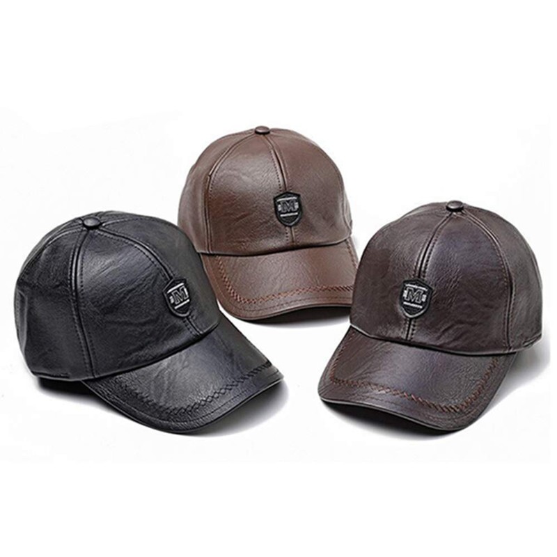 CHENNUO Leather Cap Men's PU Leather Baseball Cap Winter Baseball