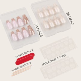 E&A 2Packs 48Pcs Press On Nails Coffin Fake Nails Ballerina Nails Acrylic Full Cover Glossy UV Finish French Nails Reusable False Nails Press On Manicure Kit with Nail Adhesive Tabs for Women and Girls