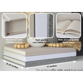 Premium Large Linen Covered Decorative Books, Linen Coffee Table Books for Home Decor, Set of 3 Faux Decor Books (Beige, White, Grey)