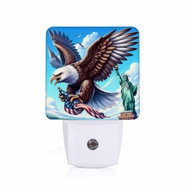 Jahiona LED Night Light Lamp with Smart Sensor Dusk to Dawn Sensor,Bald Eagle Fly Carry Furled American Flag in Talons with Statue of Liberty Night Light Daylight White,0.5W Plug-into Wall for Adults