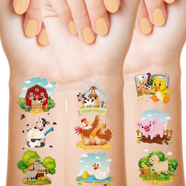 144 Pieces Farm Animals Temporary Tattoos Farm Tattoos for Kids Cow Tattoos Waterproof Animal Tattoo Sticker Animal Farm Birthday Party Supplies, 9 Styles
