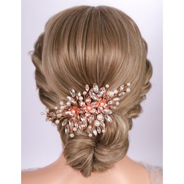 Teyglen Rose Gold Rhinestone Bridal Hair Clips Flower Bride Wedding Hair Clips Crystal Wedding Hair Barrettes Bridal Crystal Pearl Hair Piece Hair Accessory for Women (Rose gold)