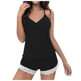 Celucke Women's Lace V Neck Pajama Set, Soft Sleepwear Comfortable Shorts Wear Breathable Nightwear Stylish Two Piece Outfit, Satin Pyjamas For Women, Pj Shorts Set, Ladies Comfort Lounge Wear Black