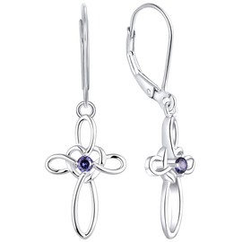 YL Celtic Knot Cross Earrings Sterling Silver Dangle Drop Earrings Created Tanzanite Religious Leverback Jewelry for Women