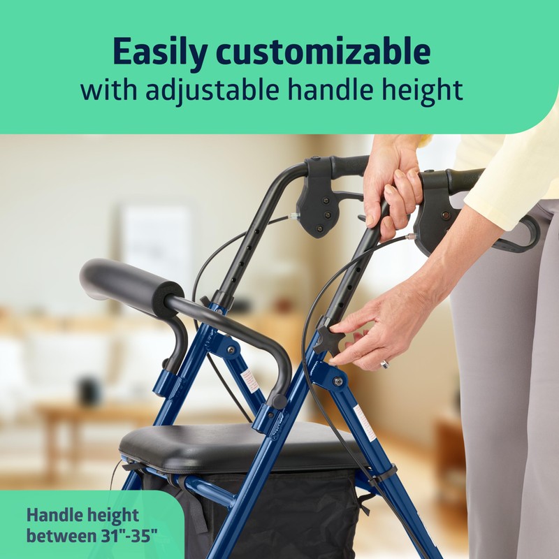 Medline Aluminum Rollator Walker with Seat, Blue, 250 lb. Weight