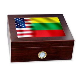 ExpressItBest Premium Desktop Humidor - Glass Top - Flag of Lithuania (Lithuanian) - Waves with USA Flag - Cedar lined with humidifier & front mounted hygrometer.
