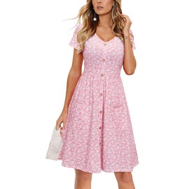 VOTEPRETTY Women's Summer Dress 2023 Casual Short Sleeve V Neck Button Floral Midi Sundress Pockets Spring(Floral32,L)