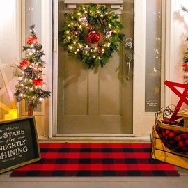 Christmas Red and Balck Plaid Rug - 28 x 43 Inches Outdoor Front Door Decor Mat Cotton Washable Hand-Woven Rug Christmas New Year Holiday Porch Entryway Layered Doormat