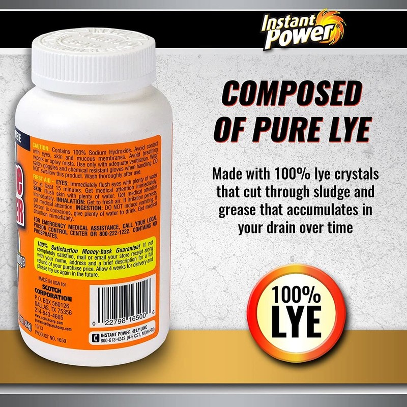 Instant Power Crystal Lye Drain Opener, Lye Sodium Hydroxide, Unclogs