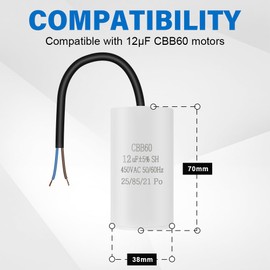 OFFCUP CBB60 Running Capacitor, 12μF 450V 4 Pins Motor Capacitor 50/60Hz with Cable for Air Compressor, Cleaning Machine Motor Star