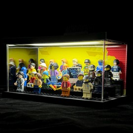 Minifigure Display Case with LED Lights - Clear Dustproof Acrylic Display Box - Removable and Freely Assembled Brick Base (Yellow)
