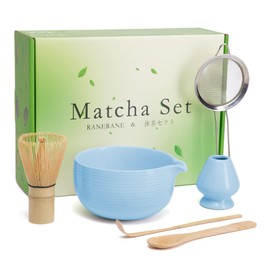 Matcha Whisk Set Matcha Bowl with Spout,Matcha Whisk with Matcha Whisk Holder,Matcha Sifter,Matcha Spoon and Scoop for Matcha Maker Blue