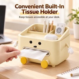 Multifunctional Desktop Organizer for Office and Home – Cute Beige Storage Box with Tissue Holder and Compartments for Everyday Essentials