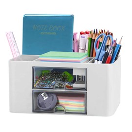 SYJINHUASY Multifunctional Desk Organiser, Compact Office Organiser with 5 Compartments & 2 Drawers, Plastic Table Organiser for Office, Home, School (White-A)