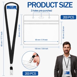 200 Pcs Lanyards for Id Badges and 200 Pcs ID Badge Holder, 200 Sets Horizontal Name Tags Badge Holder with Lanyard, Flat Neck Lanyards Bulk with Clip for School Office Business Conferences (Black)