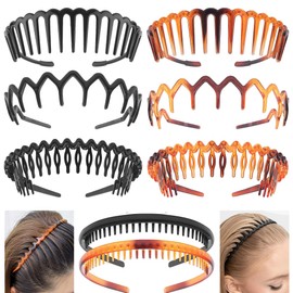 8Pcs Headbands for Women Girls Non SlipSkinny Plastic Curly Hair Bands for Men Women’s Thin Thick Hair 90s Brown Black Zig Zag Headband with Teeth Hair Accessories