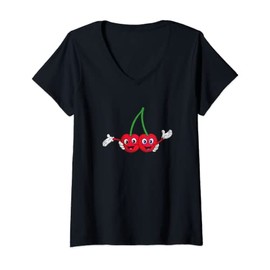 Womens Cute Cherry Fruit Lover Design Happy Twins Cherries Berry V-Neck T-Shirt